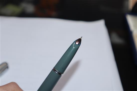 A Dunhill gold-plated fountain pen, 14ct gold nib, a miniature guilloche enamel propelling pencil and eight other items